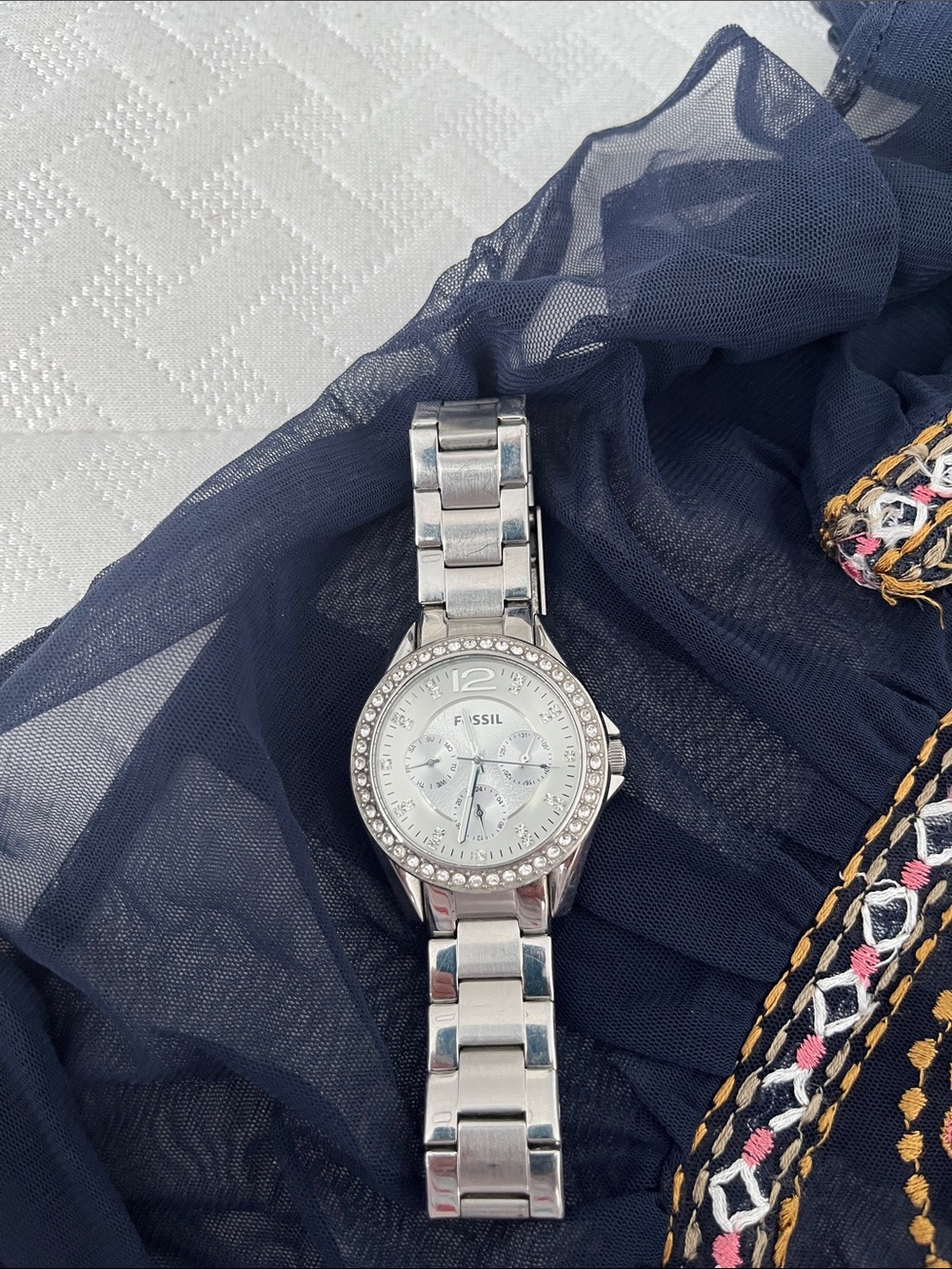 Fossil Silver Crystal-Accent Stainless Steel Women's Watch with White Dial